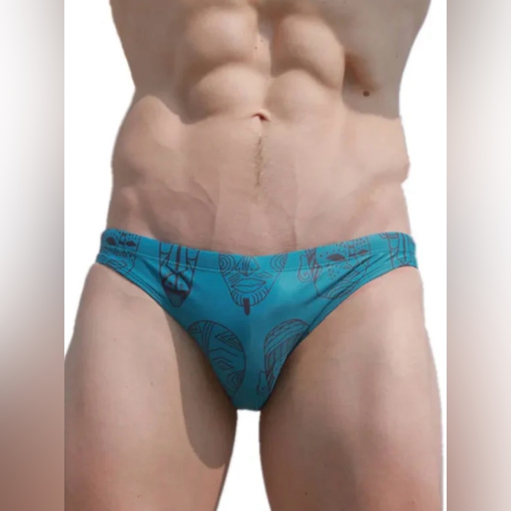 NWT size L Men’s Swim Briefs Poolside Rites Teal Totem Fun Cheeky Adjustable